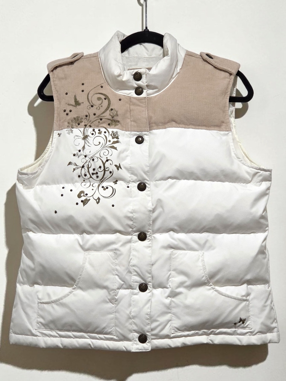 Vintage Y2K Down Puffer Vest White Tan Corduroy Western Graphic Womens Large